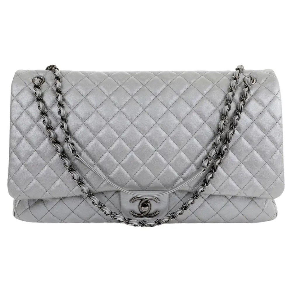 CHANEL XXL Flap Bag Metallic Calfskin Quilted Airline Travel Bag in Silver